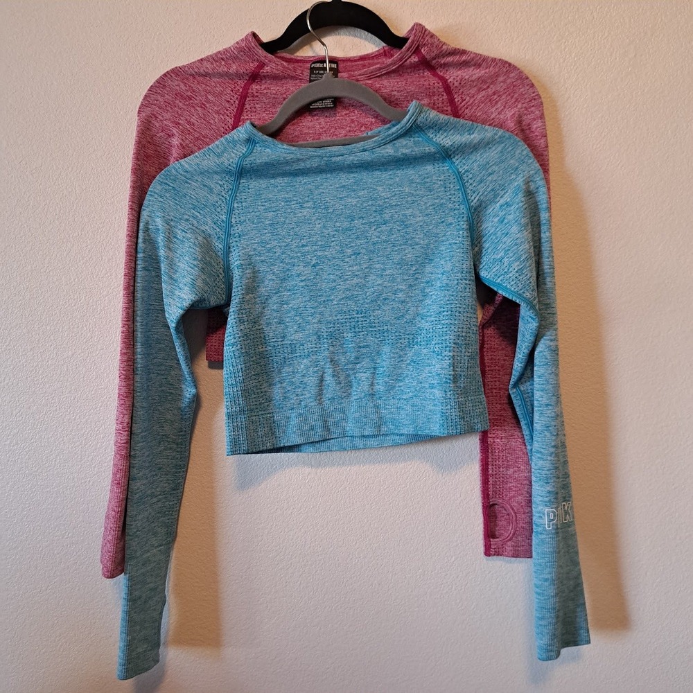 Pink Victoria's Secret Seamless Crop Top Set 2 Long Sleeve Activewear Teal Pink